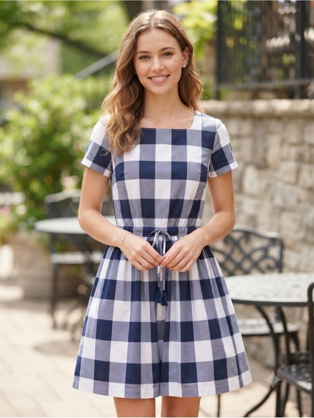 Crewcuts Navy and White Gingham Drawstring Mini Dress with Square Neck